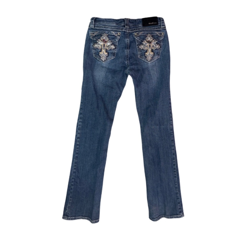 GRACE Size 28 Dark Blue Bootcut Jeans Low Rise Embellished Pockets Medium Blue